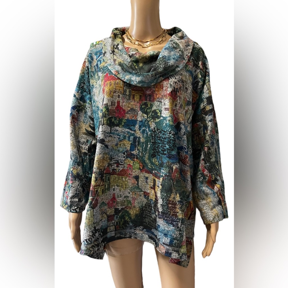 Ali Miles Plus Sz 1X Brushed Knit Abstract Print Cowl Neck 3/4 Sleeve Tunic